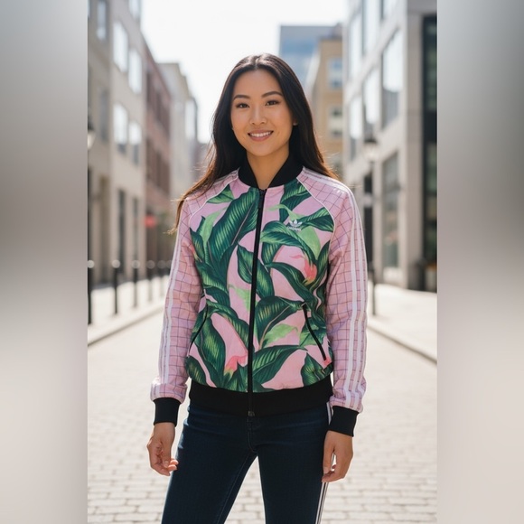 Adidas x Farm Rio Sz S Pink Palm Tropical Leaf Pattern Track Jacket Full Zip - Picture 1 of 15